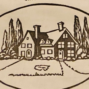 May include: Black and white illustration of a house with two chimneys, four windows, and a door. The house is surrounded by trees and bushes.