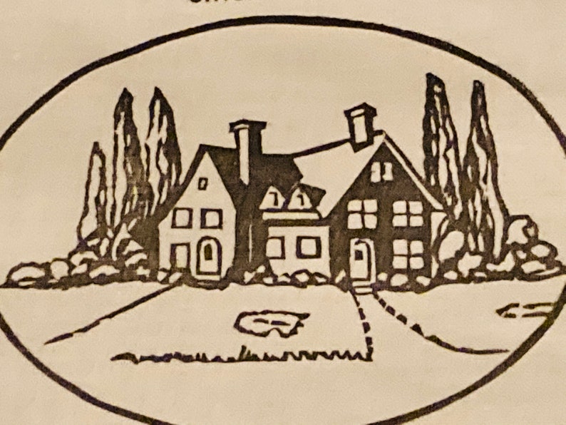 May include: Black and white illustration of a house with two chimneys, four windows, and a door. The house is surrounded by trees and bushes.