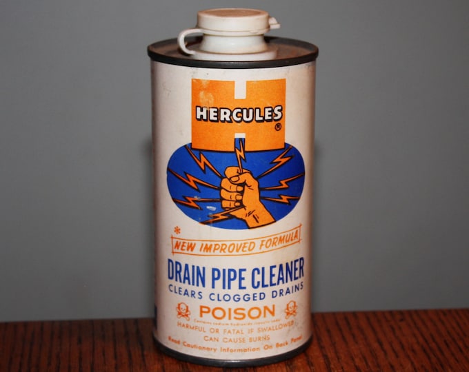 Vintage 1963 Hercules Drain Pipe Cleaner; Unused Old Store Stock; NOS Advertising;  Metal Tin Can Poison warning skull crossbones