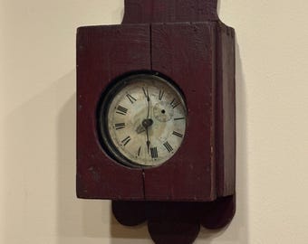 Antique Country Primitive Hanging Wooden Clock Box, Folksy Wall Box in Old Red Paint