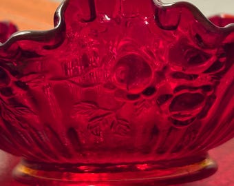 Vintage Fenton Ruby Red Glass Basket, Cabbage Rose Pattern