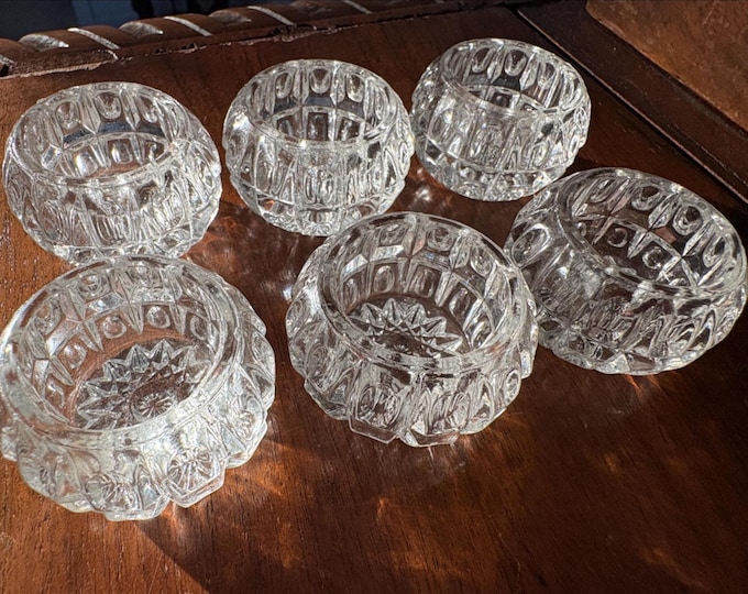 Set of 6 Pressed Glass Salt Dips with Starburst & Thumbprint Bubble Pattern; Open Salt Cellars