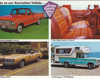 Vintage Unused 1969 Ford Dealer Postcard: F-100 Special, F-250 Camper Special, LTD Trailering Special; Scarce Promotional Sales Literature