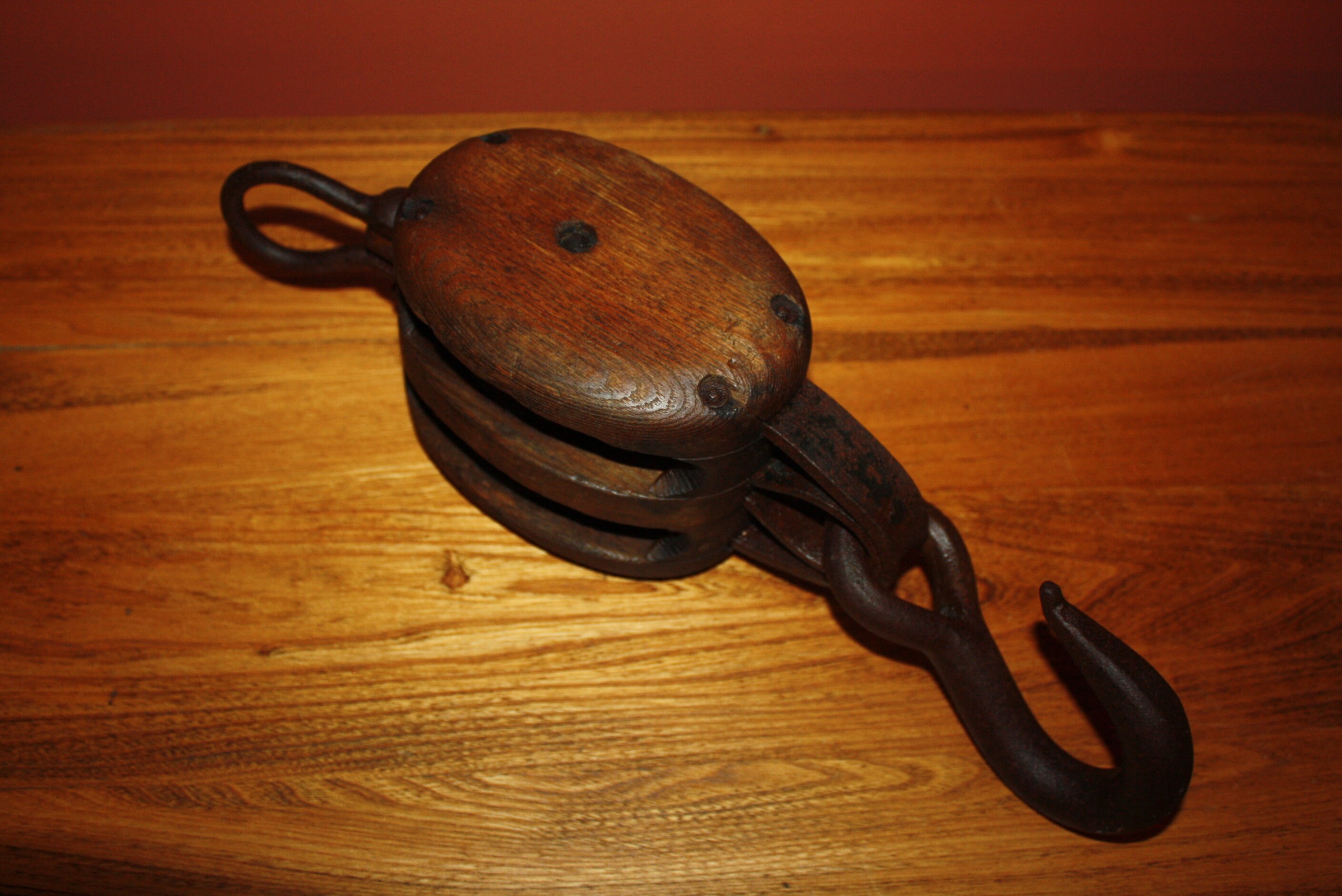 Antique Wooden Block and Tackle Pulley, Double Wheel, Industrial