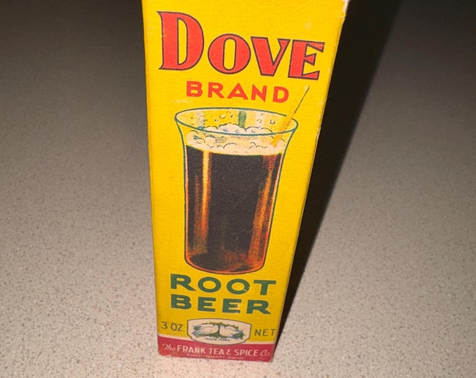 Vintage 1930s Dove Brand Root Beer in Original Bottle with Box! NOS, Never-Used, Frank Tea & Spice Co.