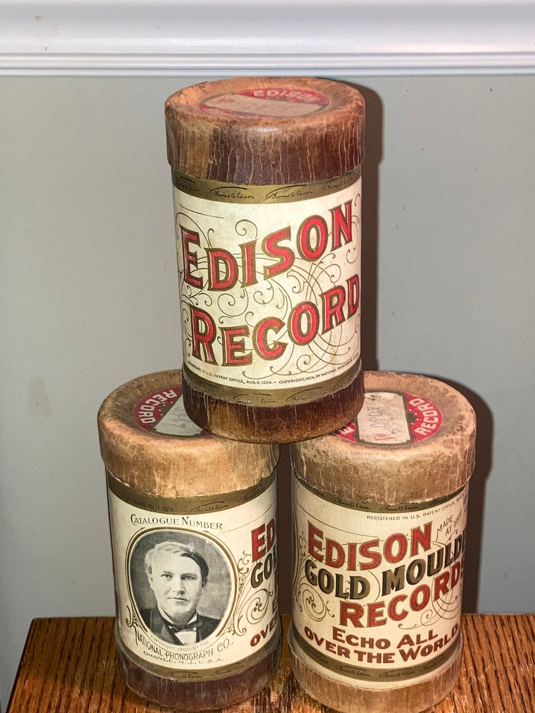 Original Early 1900s Edison Cylinder Record Cases; Advertising Boxes