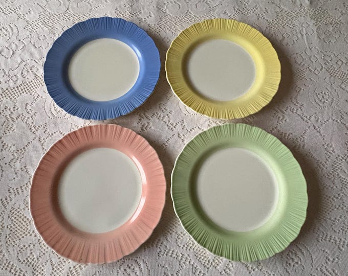 Vintage Set of MacBeth-Evans Cremax Bordette Dinner Plates: Pastel Blue, Yellow, Green, Pink; 1938-1944, GLOWS Uranium