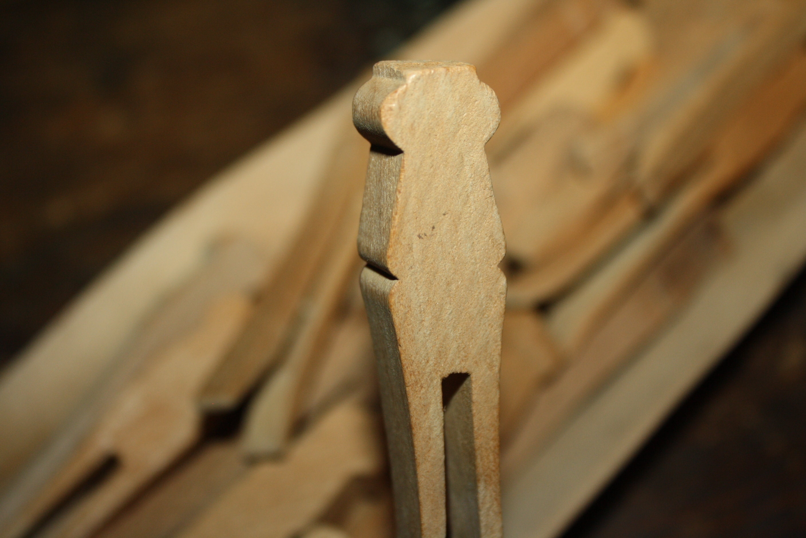 20 Vintage Flat Wooden Clothes Pins in Hand Carved Wooden Bowl