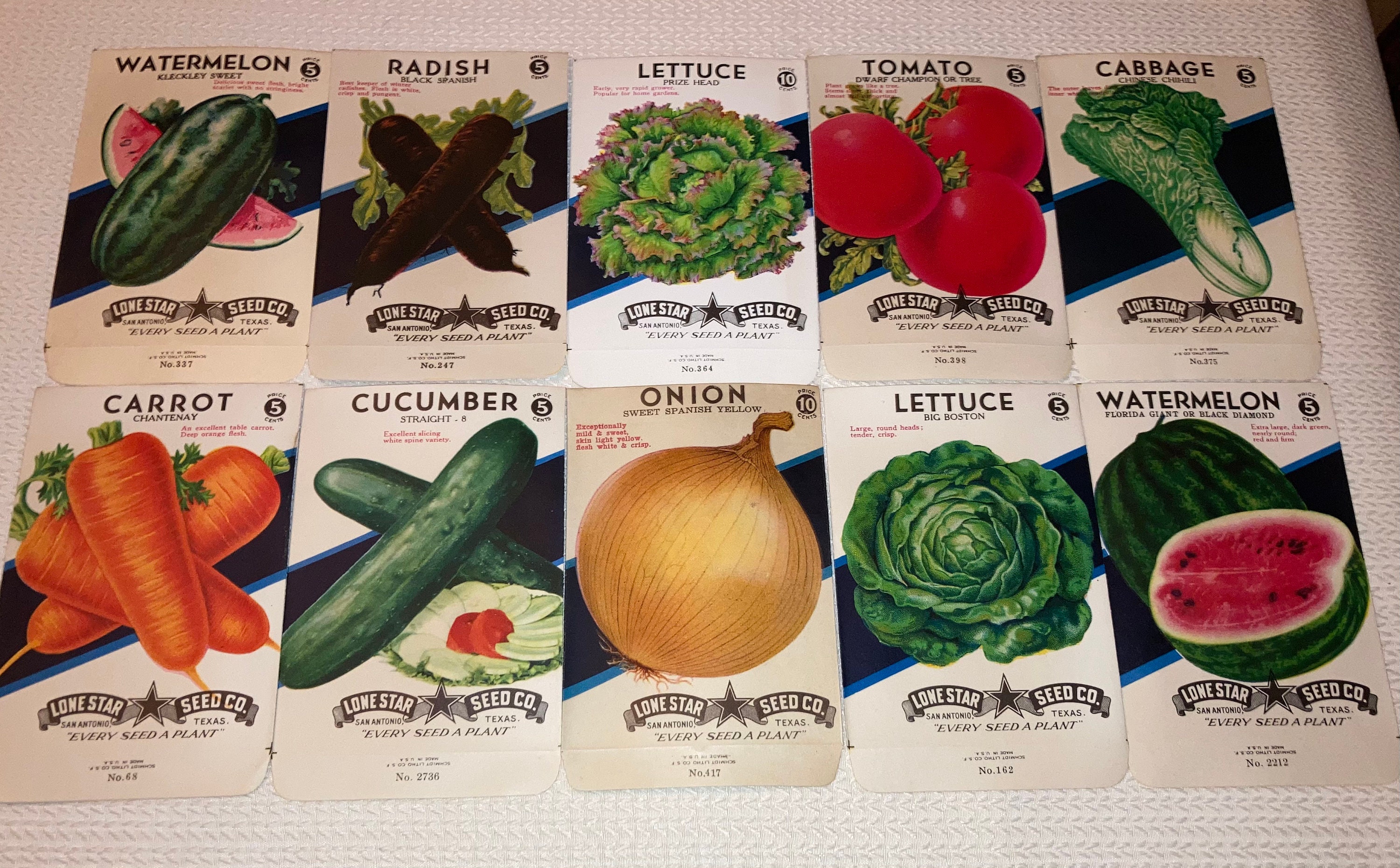 Set of 5 Diff. Vintage Vegetable Seed Packets, San Antonio, Lone Star Texas  L05