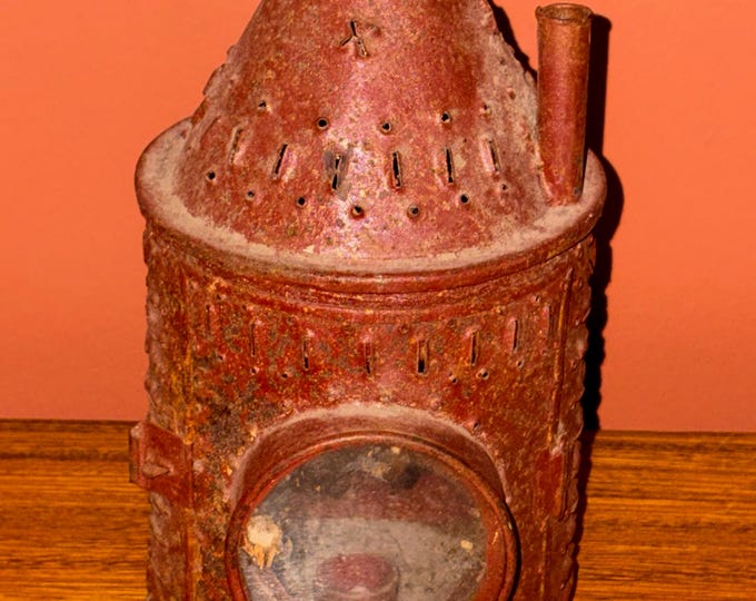 Antique Punched Tin Candle Lantern; 19th Century, Paul Revere Style, Old Red Paint