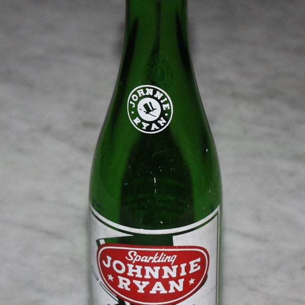 Vintage Johnnie Ryan Soda Pop Bottle; Green Glass, Painted Label