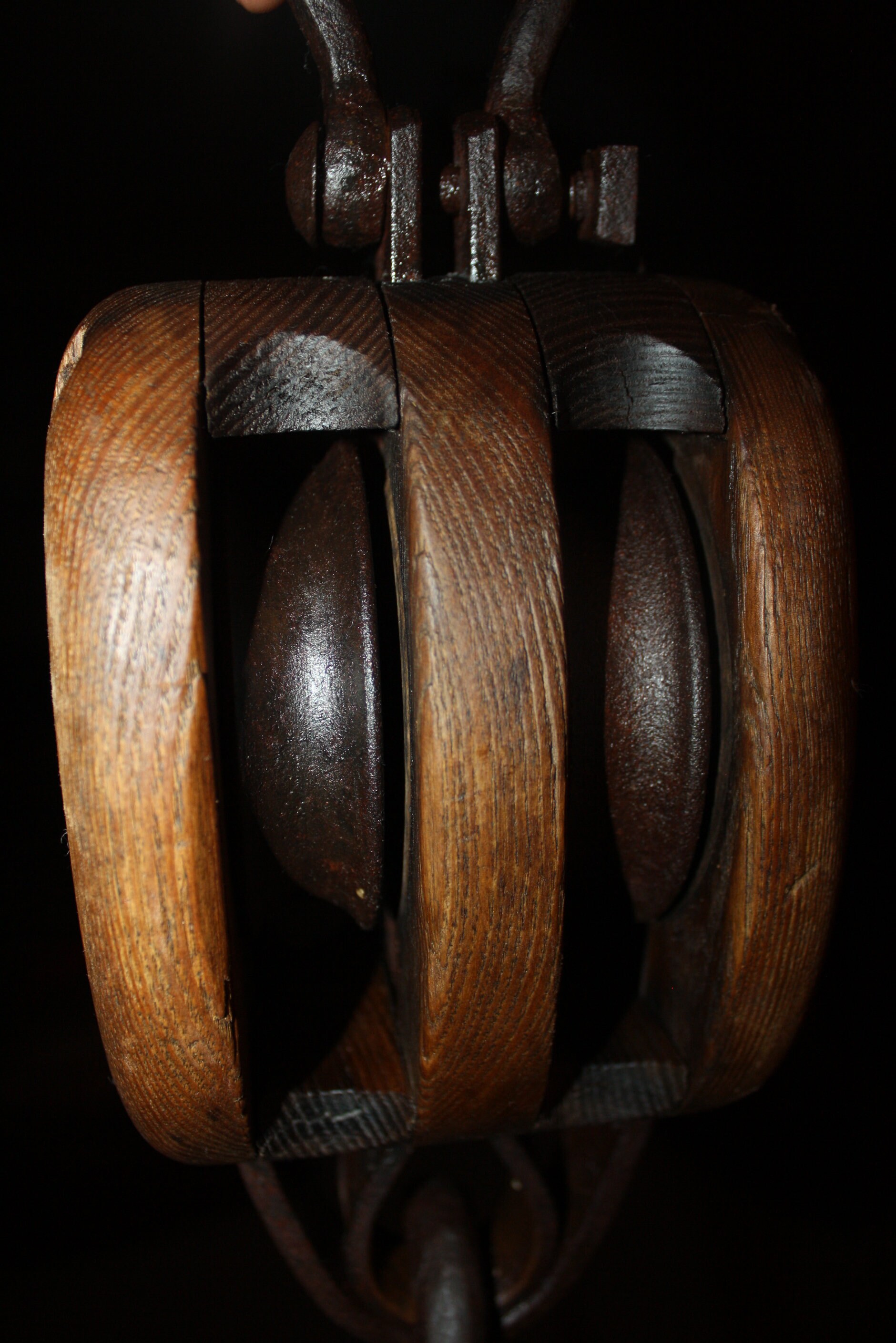 Antique Wooden Block and Tackle Pulley, Double Wheel, Industrial