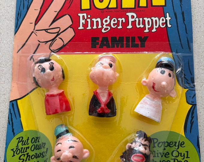 Vintage 1960s Popeye Finger Puppet Family NOS, New in Package, Denmark Plastics, Old Toys