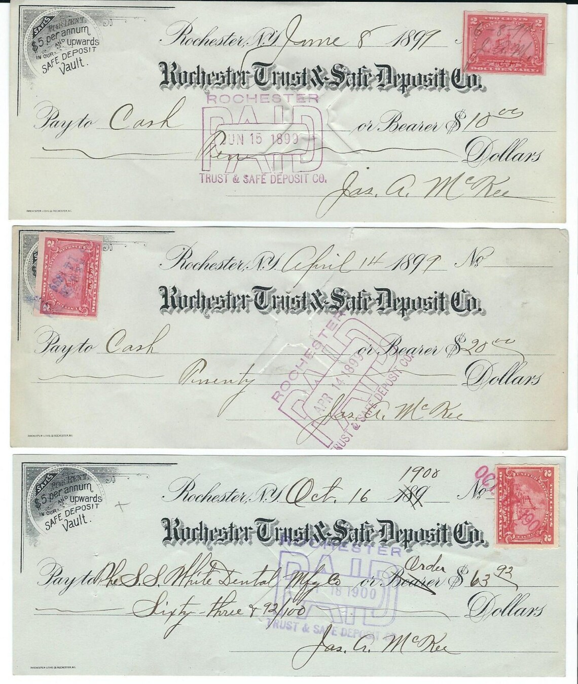 3 Antique Canceled Bank Checks From Rochester Trust & Safe Etsy