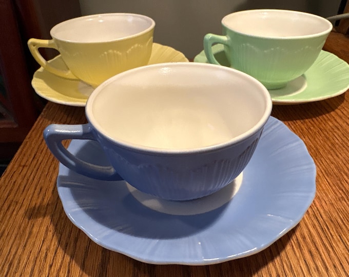 Vintage MacBeth-Evans Cremax Bordette Teacups & Saucers Pastel Blue, Yellow, Green; 1938-1944, GLOWS Uranium