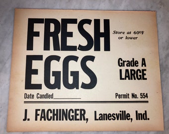 Vintage Paper FRESH EGGS Sign; J. Fachinger, Lanesville, Indiana
