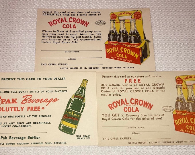 Vintage 1940s Royal Crown Cola Postcard Coupons: Old Stock Advertising, Warehouse Find!