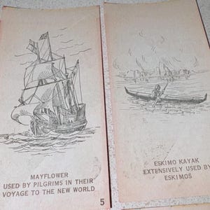 May include: Two pages from a vintage book with illustrations. One shows a sailing ship labeled "Mayflower" and text about the Pilgrims' voyage. The other depicts an "Eskimo Kayak" with text about its use by Eskimos. The number "5" is visible.