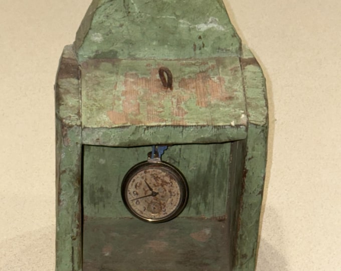 Antique Country Primitive Hanging Wooden Clock Box, Watch-Holder, Folksy Wall Box in Old Paint