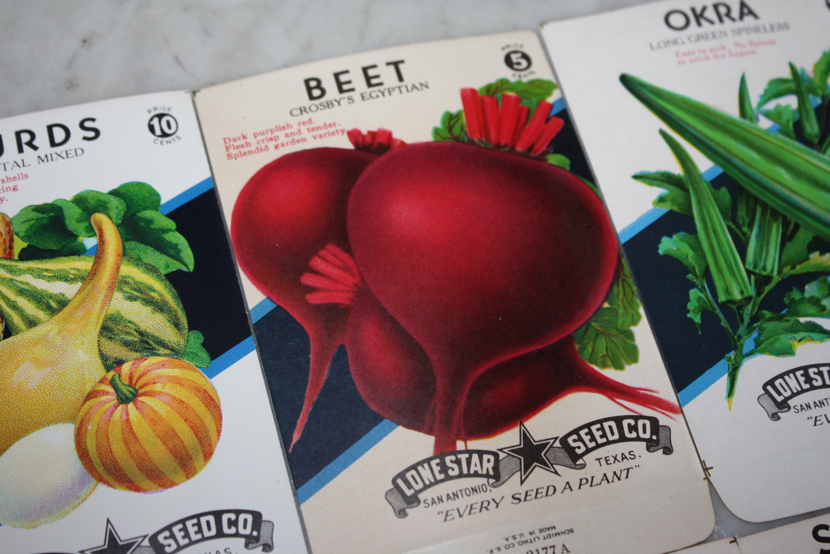 Set of 5 Diff. Vintage Vegetable Seed Packets, San Antonio, Lone Star Texas  L05