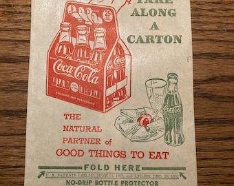 Vintage Coca Cola Dry Server Bottle Drip Protector Sleeve featuring Large Red 6-Pack & Meal with Coke Bottle