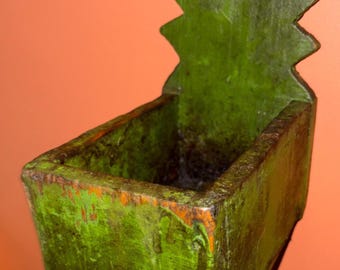 Antique Country Primitive Hanging Wooden Wall Box, Old Green Paint, As Found