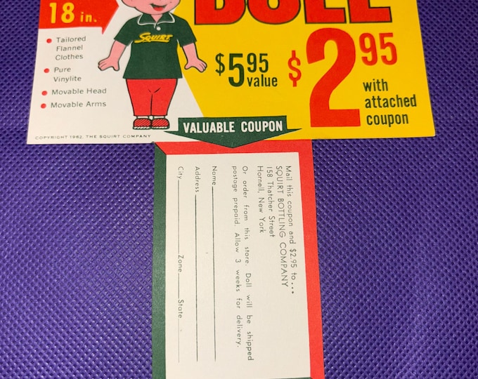 Vintage Squirt Soda Pop  Advertising Beverage Promo 1962 Carton Insert Doll Offer