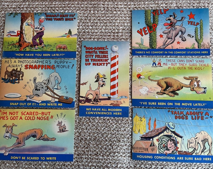 Vintage 1940s NOS Dog Humor Linen Postcards Set of 7!