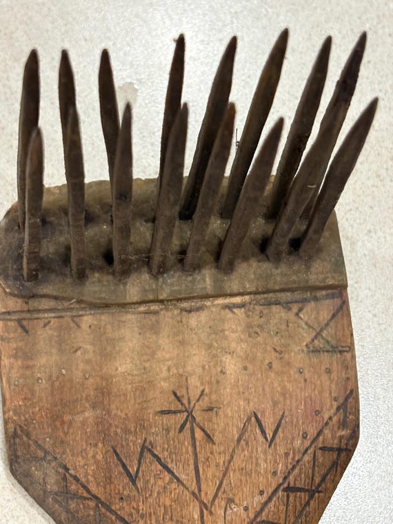 Antique Carved Wooden Flax Wool Carding Comb; Heckle, Hetchel, Primitive 19th Century Handmade Linen Making Tool