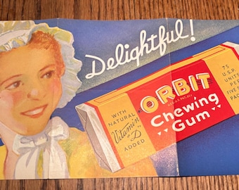 Vintage 1930s Orbin Chewing Gum Paper Store Advertising Sign, NOS Never Used!