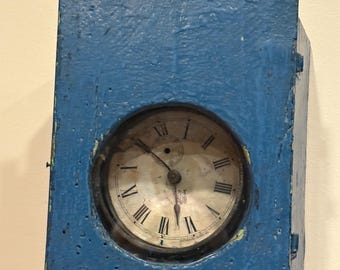 Antique Country Primitive Wooden Clock Box with Old Blue Paint