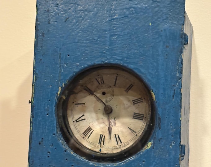 Antique Country Primitive Wooden Clock Box with Old Blue Paint