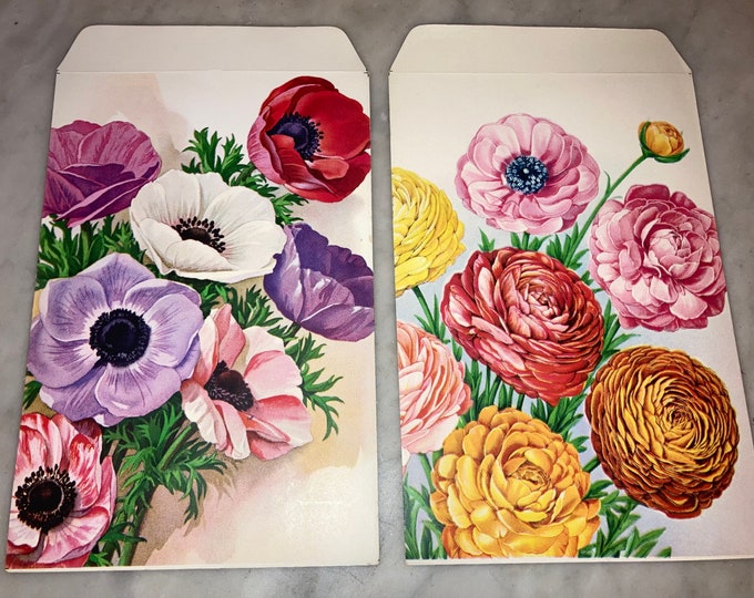 Pair of Vintage 1950s Large Flower Seed Packets: Anemones, Ranunculus; Unused Old Stock