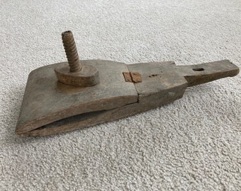 Antique Country Primitive Carved Wooden Harness Maker's or Cobbler's Vise; As-Found Rustic 19th Century Tool