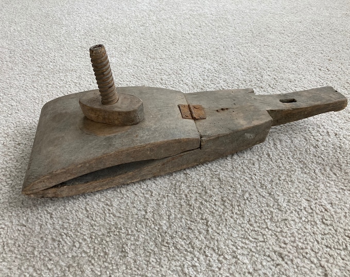 Antique Country Primitive Carved Wooden Harness Maker's or Cobbler's Vise; As-Found Rustic 19th Century Tool