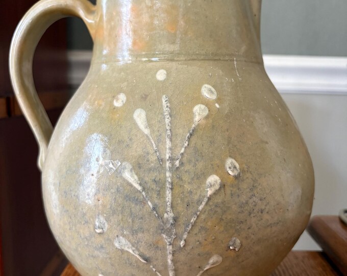 19th Century Lead Glazed Country Earthenware Pitcher with Slip Decorations; Green with Mustard Yellow Mottling