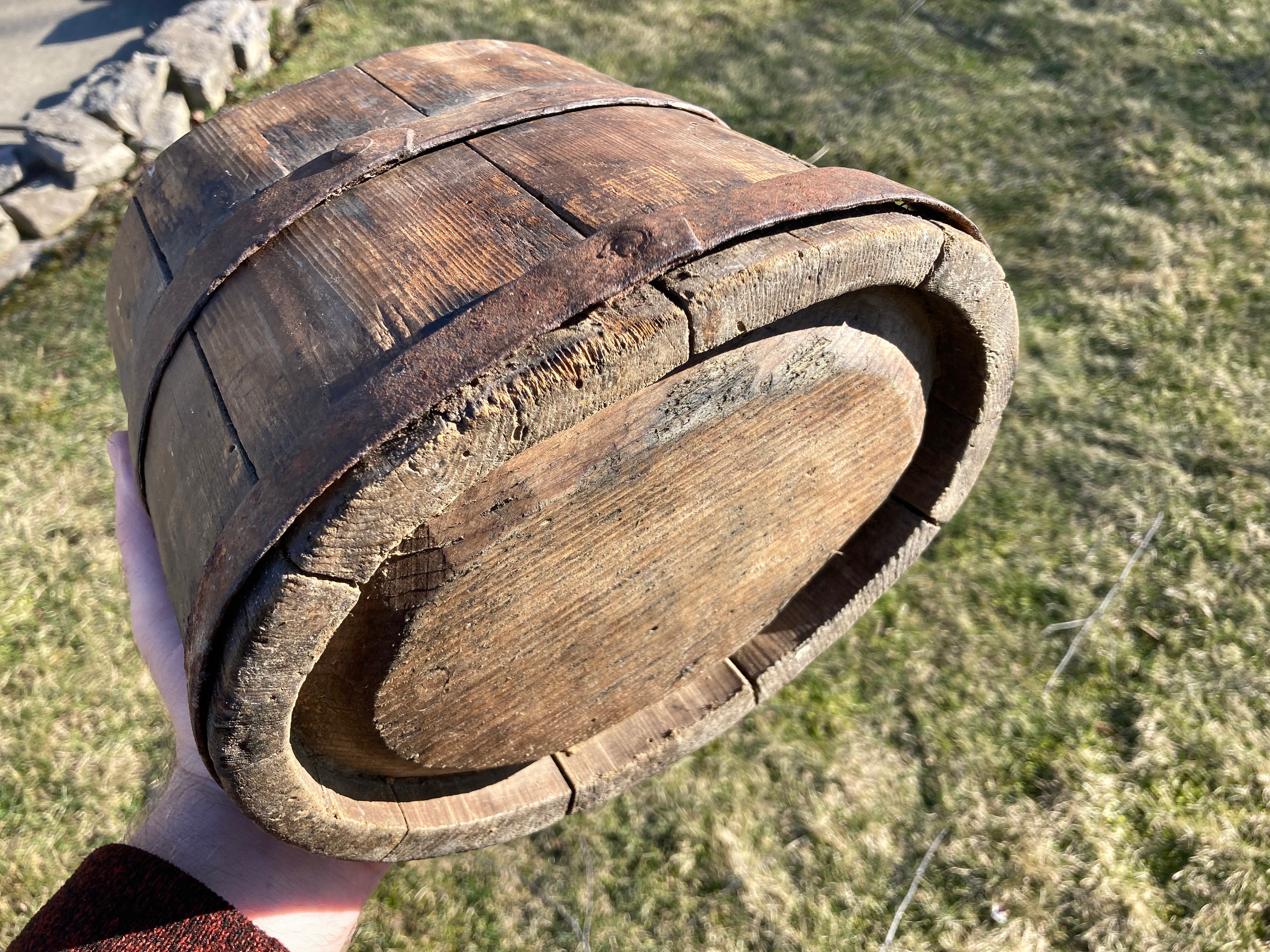 Petite Antique Staved Wooden Barrel, Storage Container, Pantry Box with