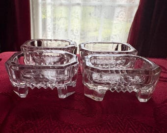Set of 4 Open Glass Salt Cellars, Footed Basket Weave Salt Dips