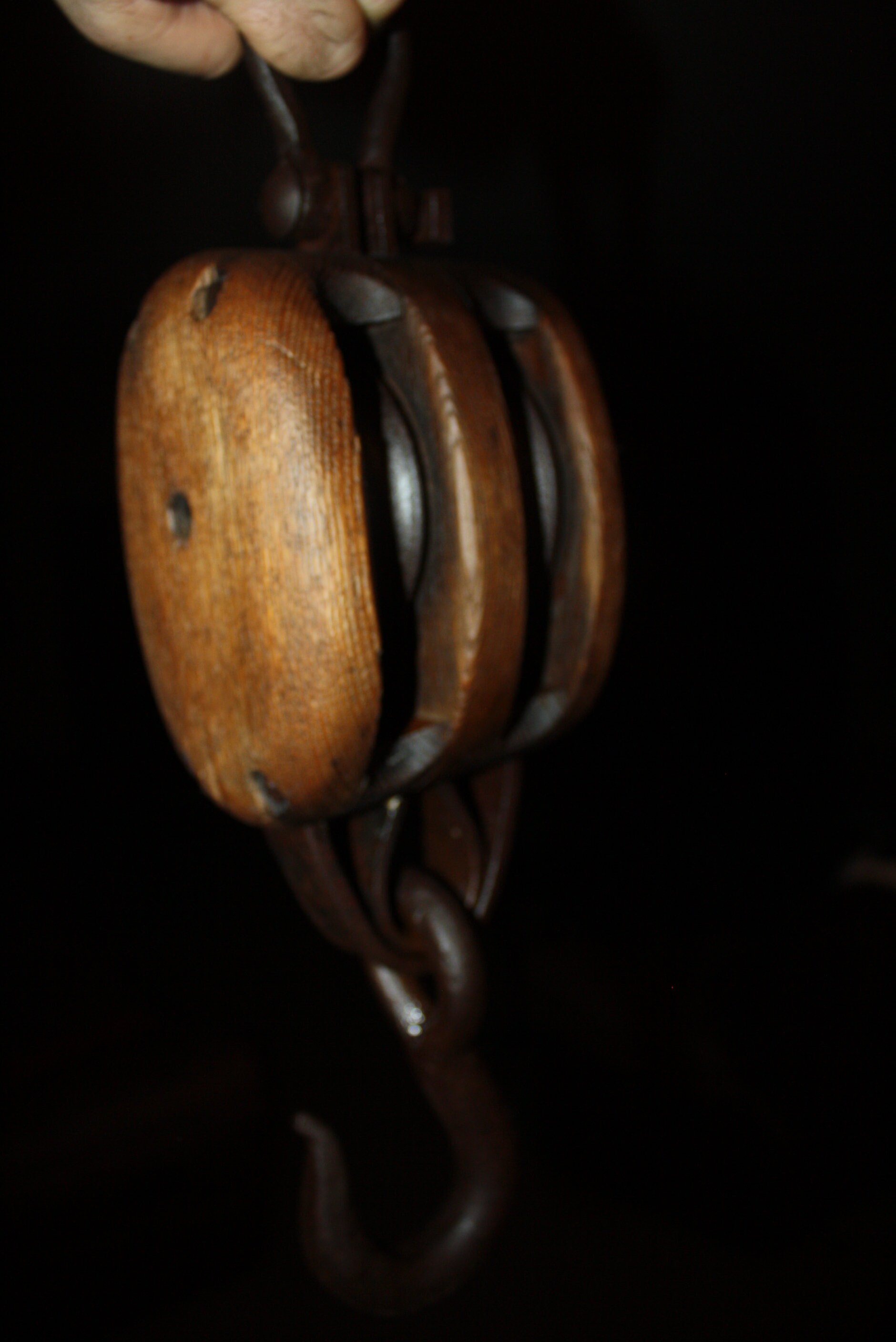 Antique Wooden Block and Tackle Pulley, Double Wheel, Industrial