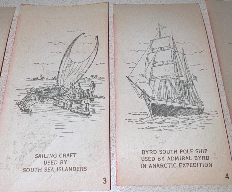 May include: Two vintage illustrations of sailing vessels on aged paper. One depicts a sailing craft used by South Sea Islanders. The other shows the Byrd South Pole Ship used by Admiral Byrd in an Antarctic expedition. Each image has a number at the bottom.
