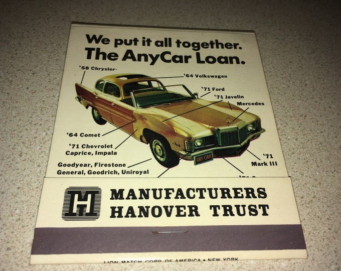 Manufacturers Hanover Trust Oversized Matchbook; Car Loan Matches; Vintage Autos