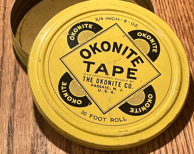 Vintage Okonite Rubber Tape Tin Canister; Advertising Tin Empty Passaic NJ Yellow