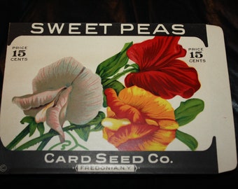 Vintage Litho. Flower Seed Packet: SWEET PEAS; Card Seed Co. Fredonia, NY; Old Stock, Never Used! Ac