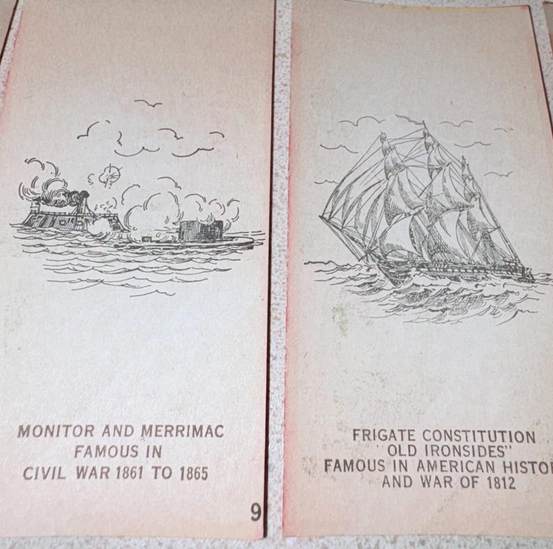 May include: Two vintage cards with black and white illustrations of historical naval vessels. One depicts the Monitor and Merrimac during the Civil War, and the other shows the Frigate Constitution. Text on the cards provides historical context.