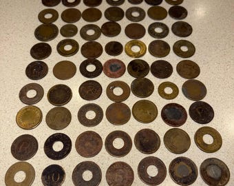 Group of 63 Antique Brass & Copper Tokens for Amusement Games, Gambling 1930s, from Buffalo NY Establishments