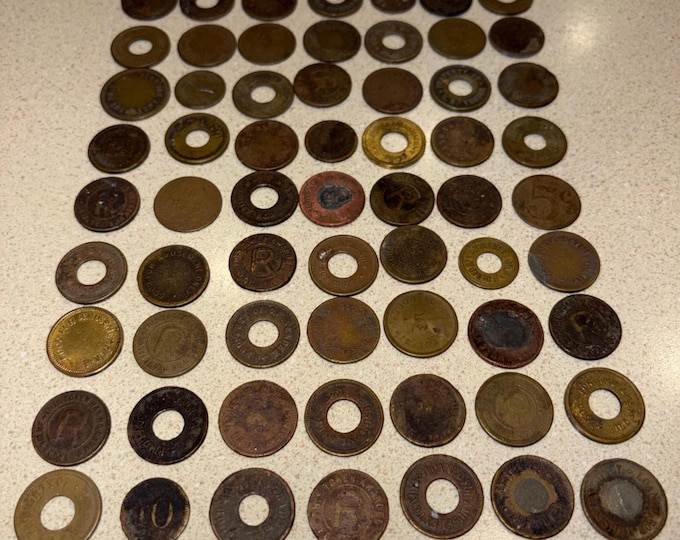 Group of 63 Antique Brass & Copper Tokens for Amusement Games, Gambling 1930s, from Buffalo NY Establishments