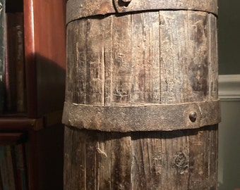 Antique Country Primitive Staved Wooden Water Barrel, Cask, Keg