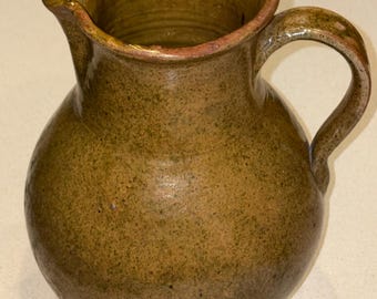 Antique Country Primitive Redware Pottery Pitcher; Speckled, Lead Glaze