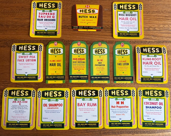 Collection of 14 Vintage Hess Hair Milk Labels, NOS, Vintage 1930s-1950s, Barber Supply Products