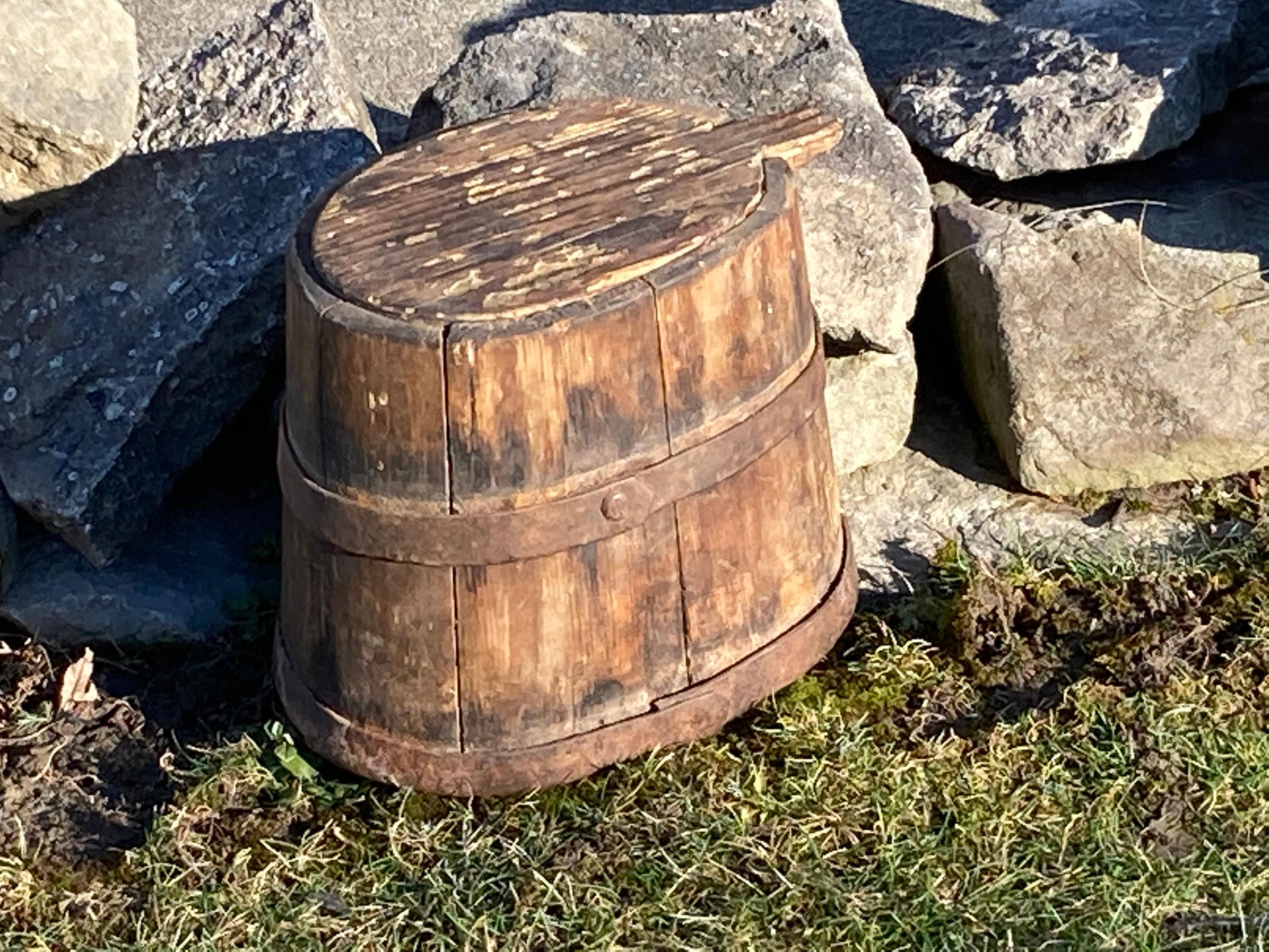 Petite Antique Staved Wooden Barrel, Storage Container, Pantry Box with